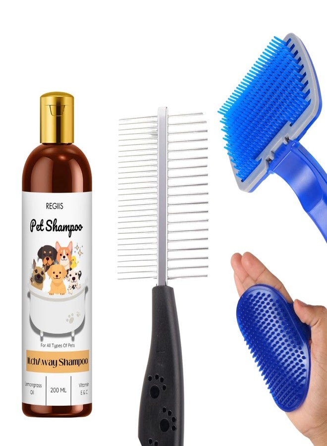 مجموعة العناية بالحيوانات الأليفة مع شامبو متعدد الأغراض للكلاب، زجاجة سعة 200 مل، فرشاة زرقاء لإزالة الشعر الزائد، مشط للعناية بالكلاب والقطط (عبوة من 4 قطع) - Image 1